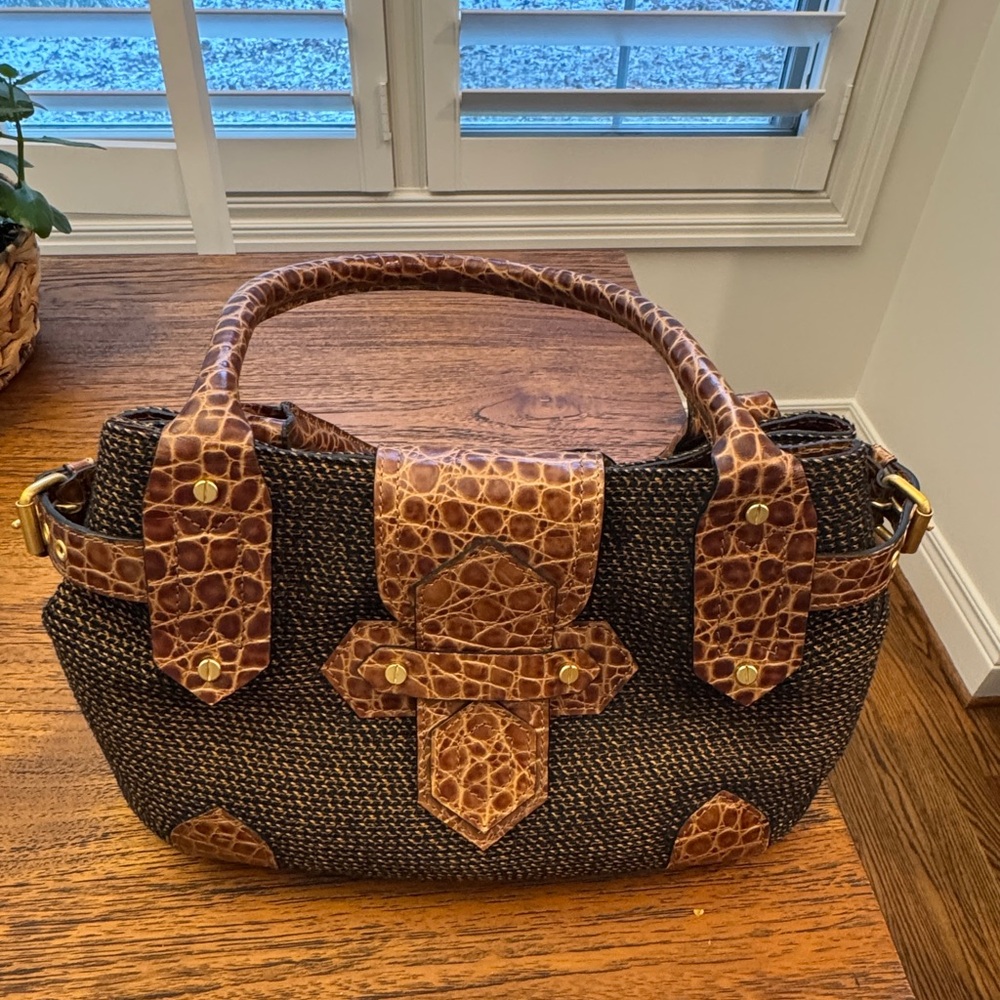 Eric Javiits Black and caramel tweed purse with embossed leather trim